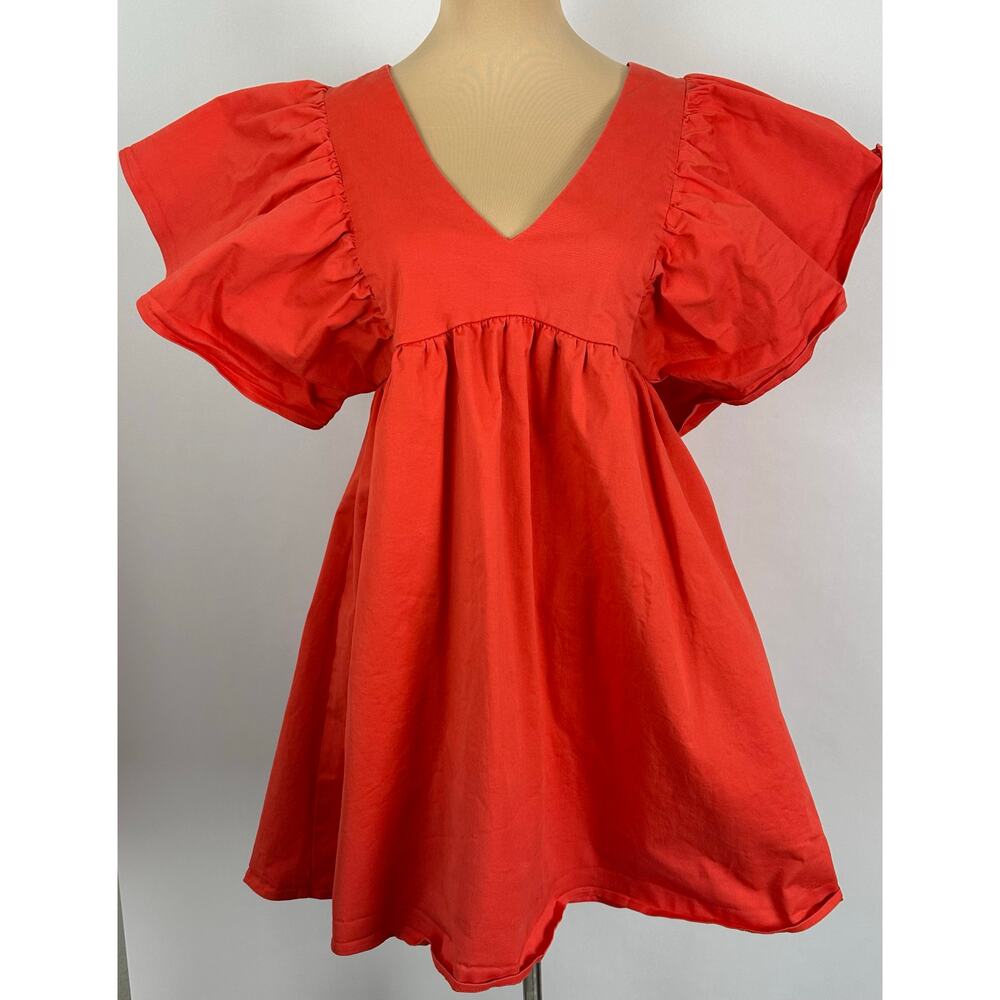 Blue Blush Fire Orange Flutter Sleeve Cotton Mini Dress Babydoll Coquette Medium